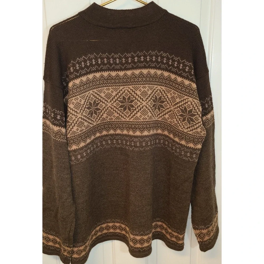 Vtg Herman Geist Wool Fair Isle Sweater Hand Embroidered Chocolate Brown‎ Tan Lg